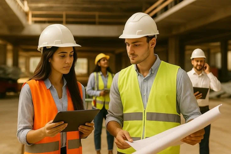 Construction workers wearing PPE checking building plans on a UK construction site