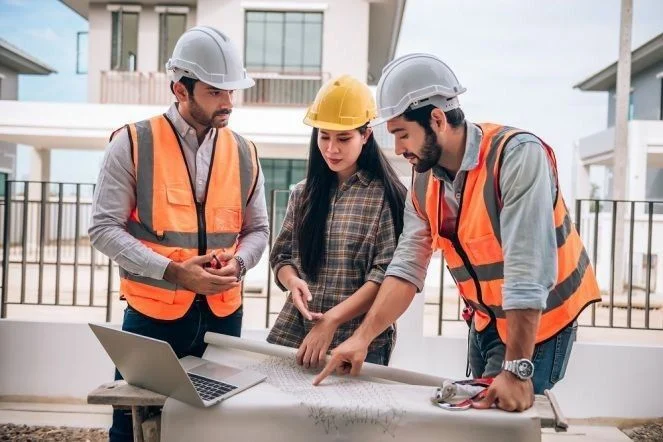 Construction workers in hard hats reviewing building plans on-site in the UK